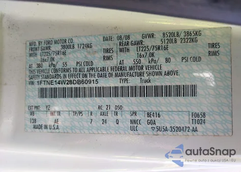 2008 Ford E-150 Commercial/Recreational z USA, uszkodzony, nr VIN 1FTNE14W28DB60915